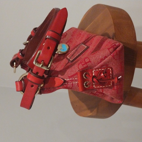 Vintage Dooney & Bourke Bag Hobo Red Leather Canvas Shoulder Bag Signature 1975 - Picture 12 of 16